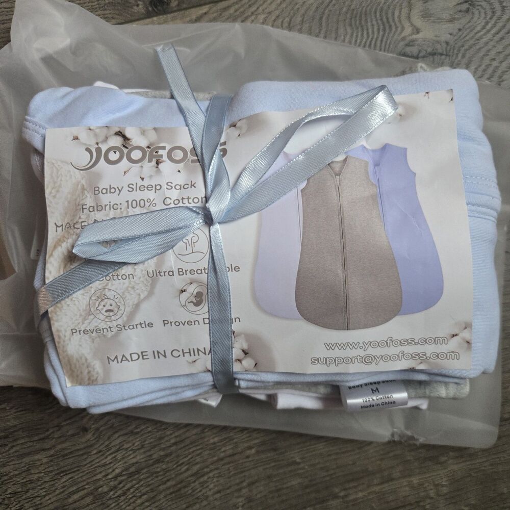 NWT Yoofoss Baby Sleep Sack 3-Pack Med 100% Cotton Wearable Blanket Blue Grey